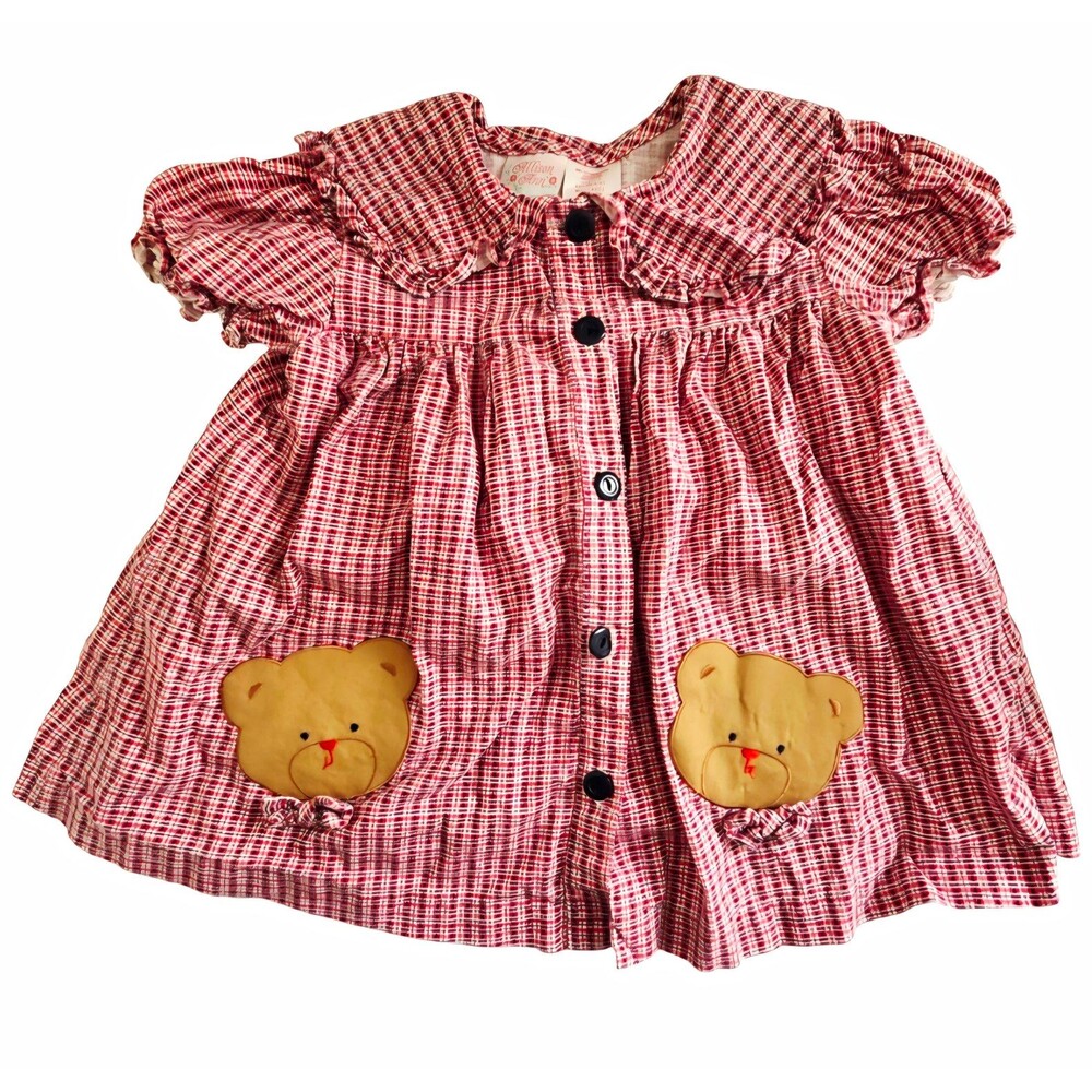 VINTAGE Alison Ann Girls 18-24M Red Plaid Button Front A-Line Dress Bear Pockets
